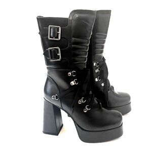 New Killstar Dionisia Black Faux Leather PU Platform Buckle Zipper Goth Boot 7